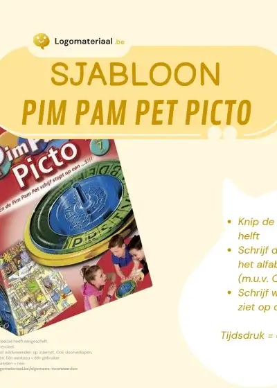 Pim Pam Pet Picto sjabloon voor logopedisch gebruik, digitaal werkblad