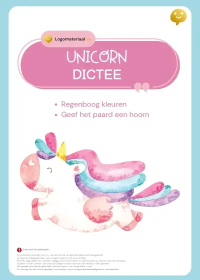 Unicorn dictee werkblad voor logopedie en spelling